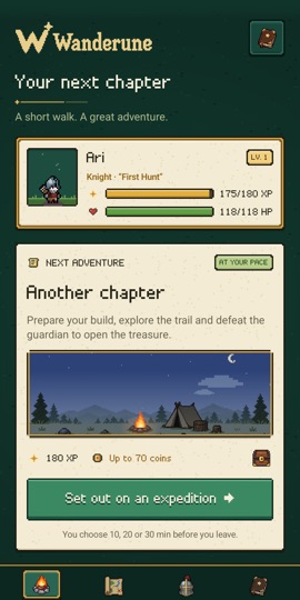 Wanderune: the camp, with the hero and the next adventure